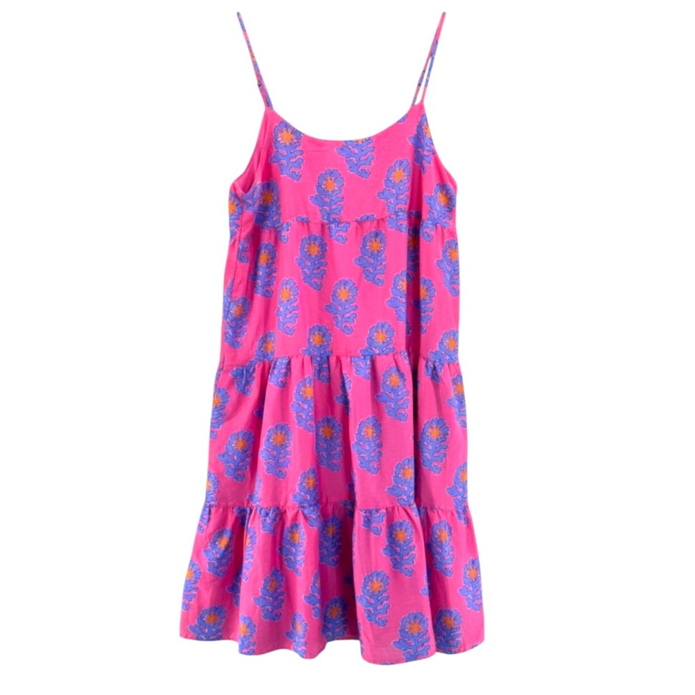 J. MARIE DRESS Vibrant Pink w/Purple PIPER MIDI TIERED STRAPPY Button@Back XS